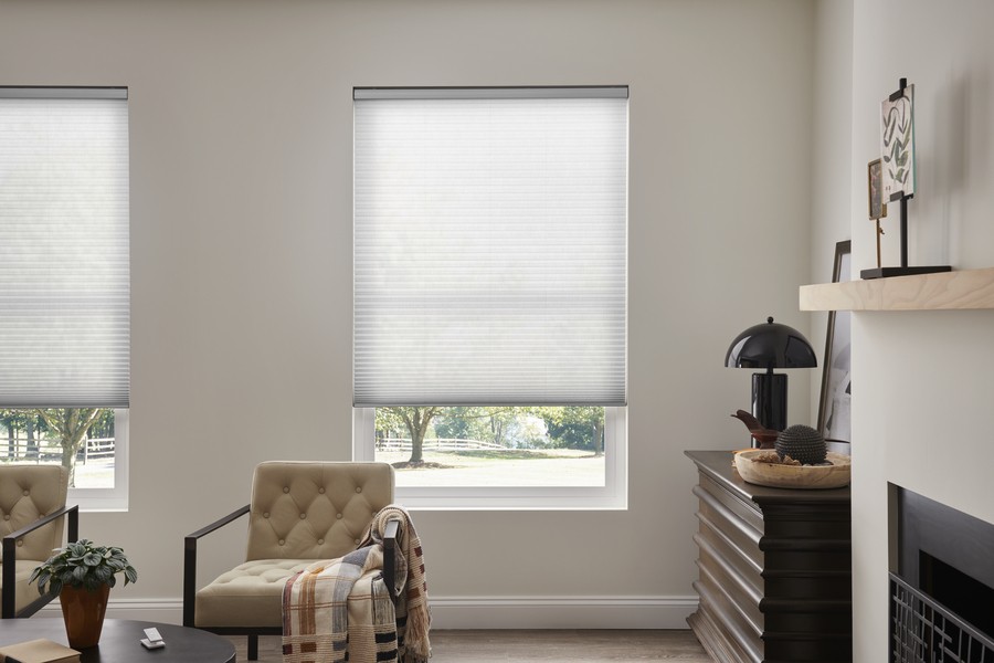 An elegant living room with automated honeycomb insulating shades on the windows.