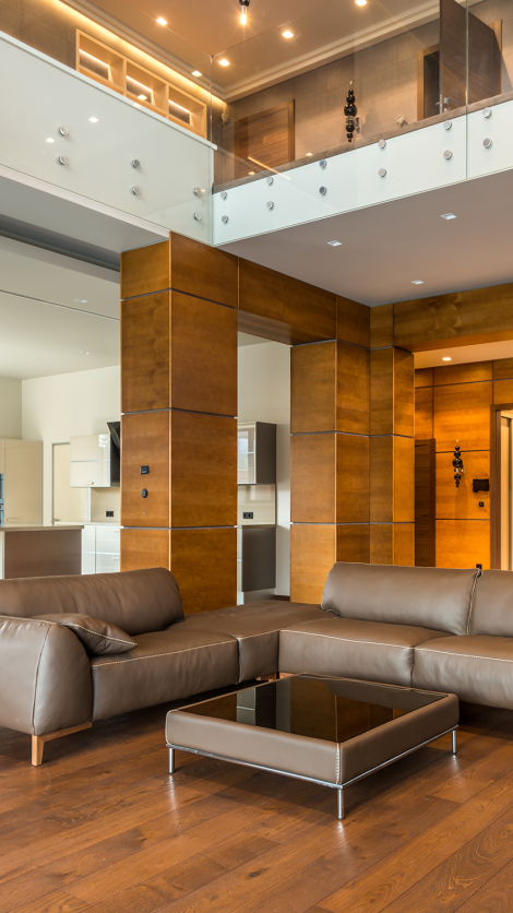 Wood and brown colored two story loft with Smart Home Control